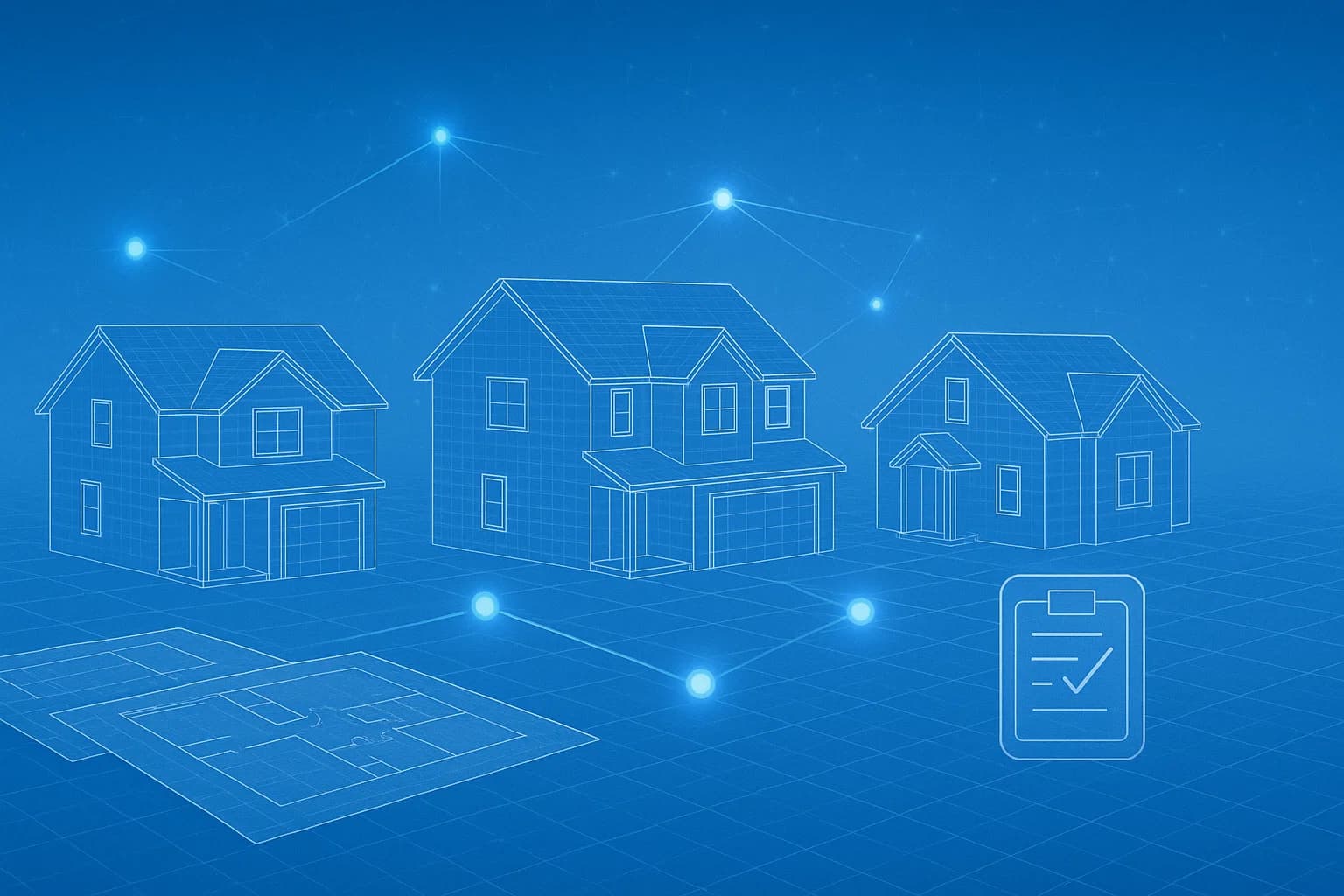 Blueprint of residential homes connected by digital network nodes, representing permit review analysis