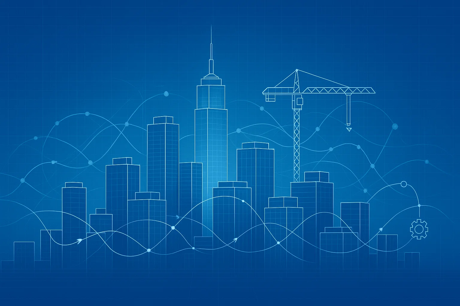 Blueprint cityscape with AI network overlays and a construction crane, representing permit optimization
