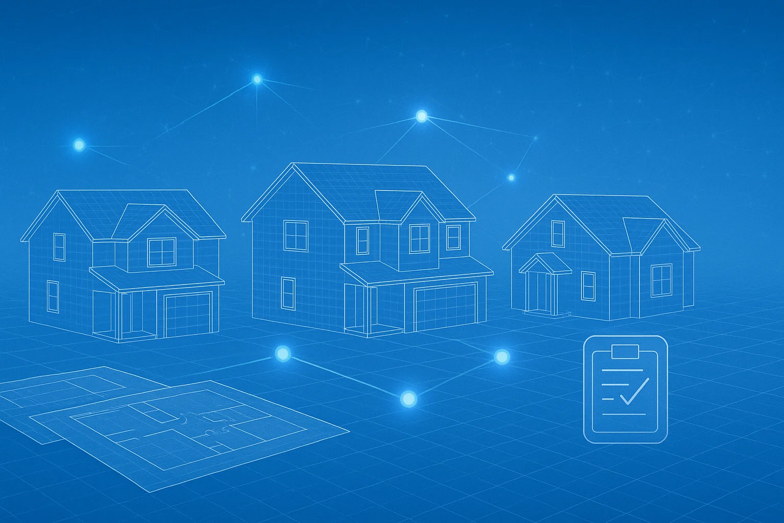 Blueprint of residential homes connected by digital network nodes, representing permit review analysis