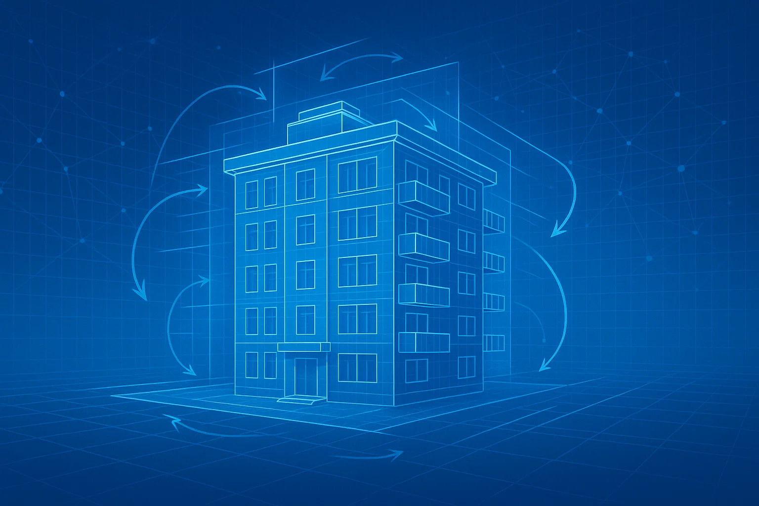 Blueprint of multi-story building with optimization arrows, representing data-driven value engineering
