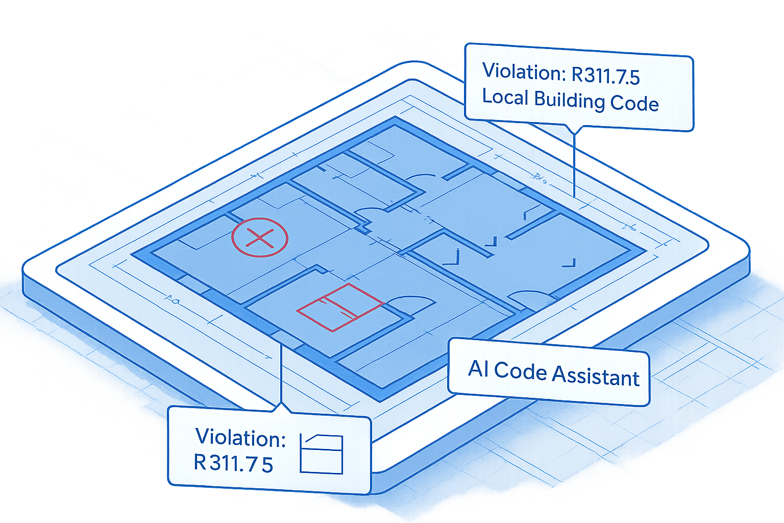 AI code assistant detecting building code violations on a digital plan with highlighted annotations