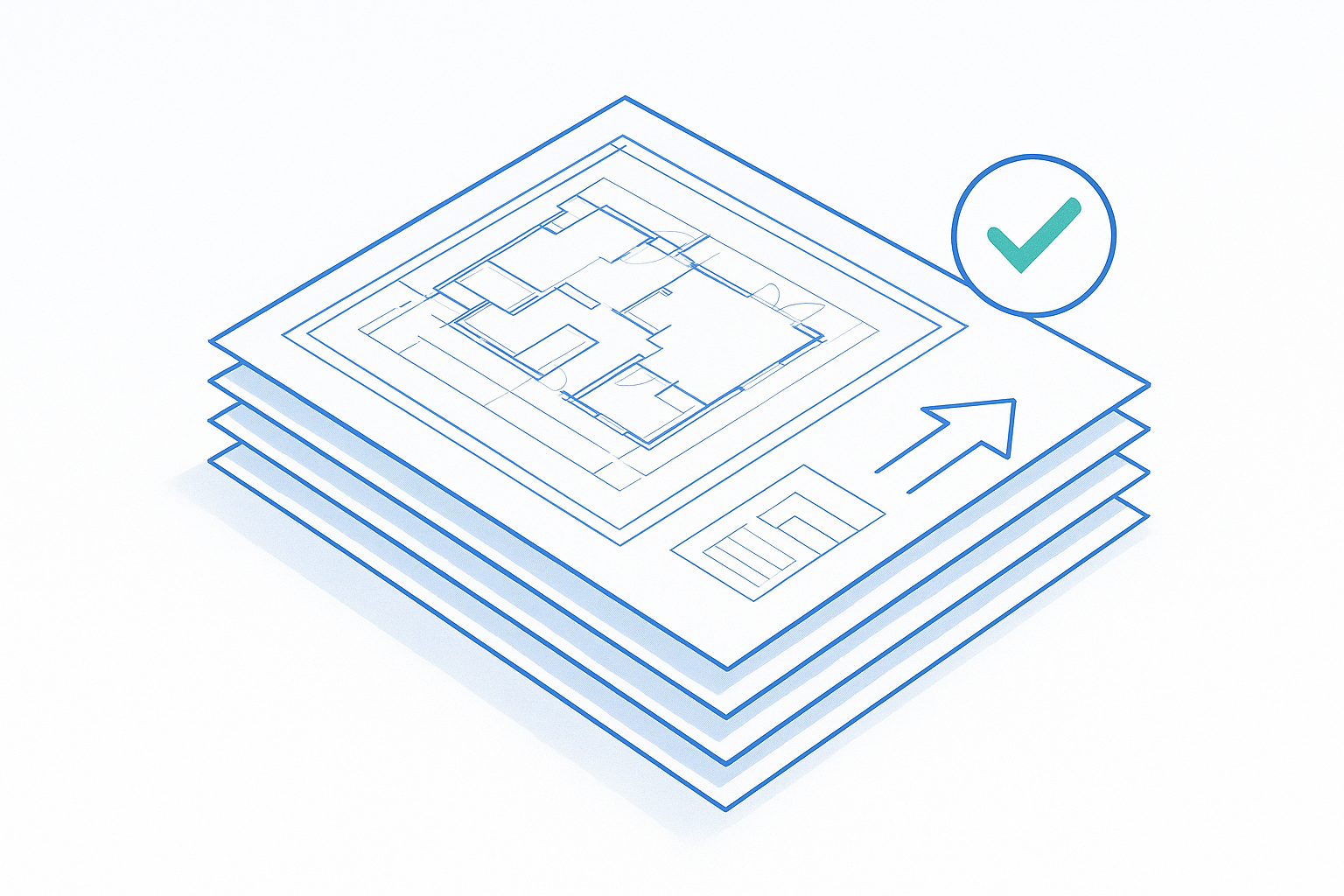 Digital permit plan set with approval check mark symbolizing one-click submission optimization