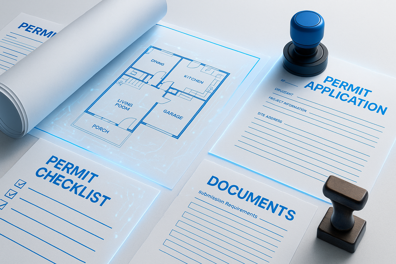 Permit documents, checklist, and application under blueprint light overlay