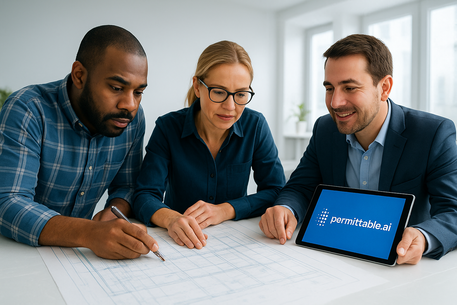 Architects reviewing blueprints with AI-assisted plan validation displayed on a tablet featuring the permittable.ai logo